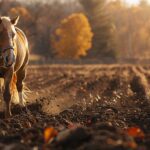 draft horse walking in plowed field at sunset