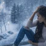 woman snow window