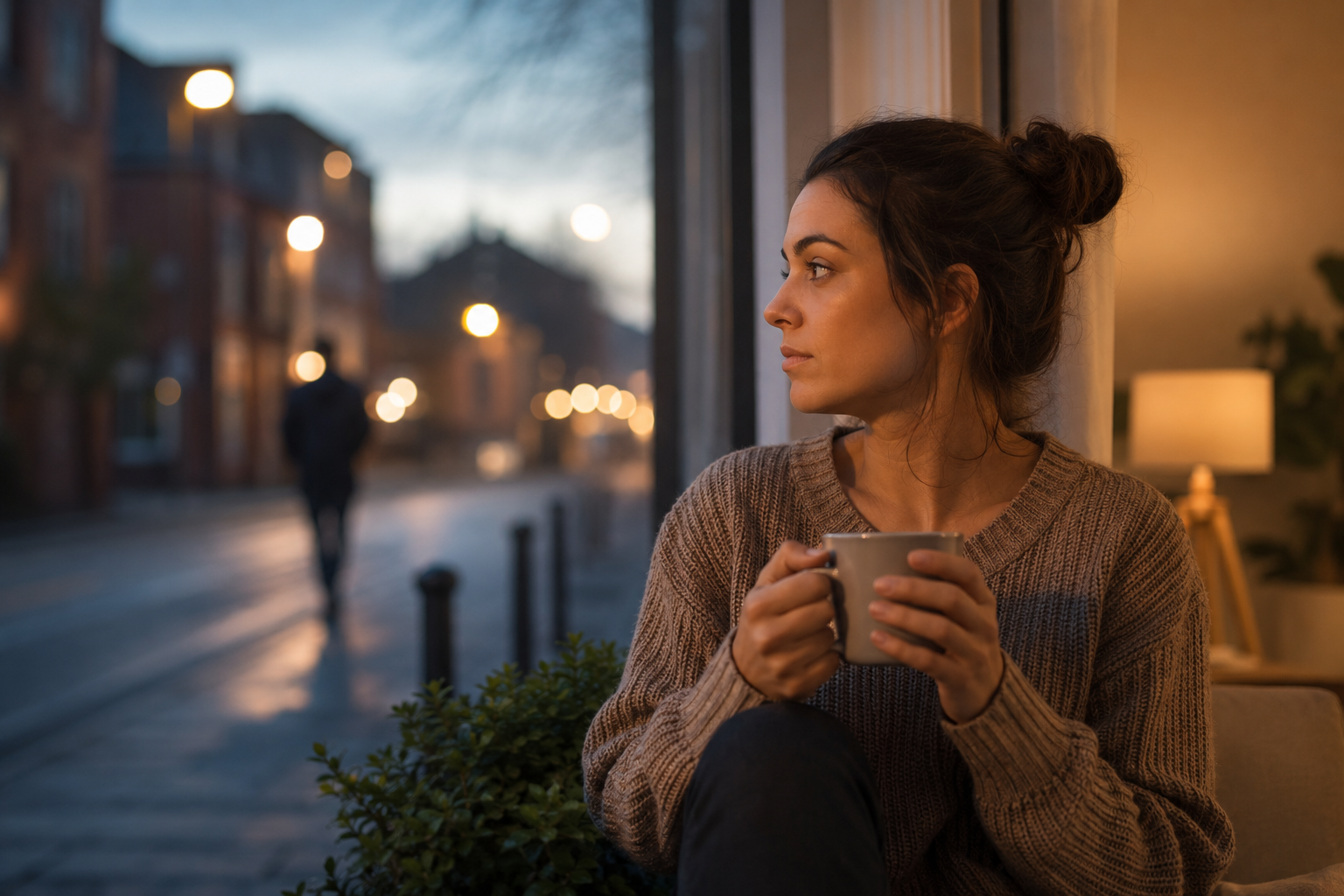 worried woman with coffee image